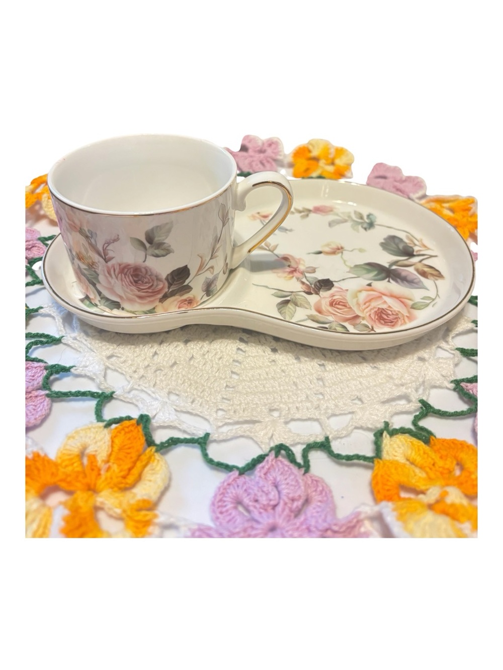 Grace Teaware Porcelain Tea Cup & Snack plate - beautiful pink roses and birds